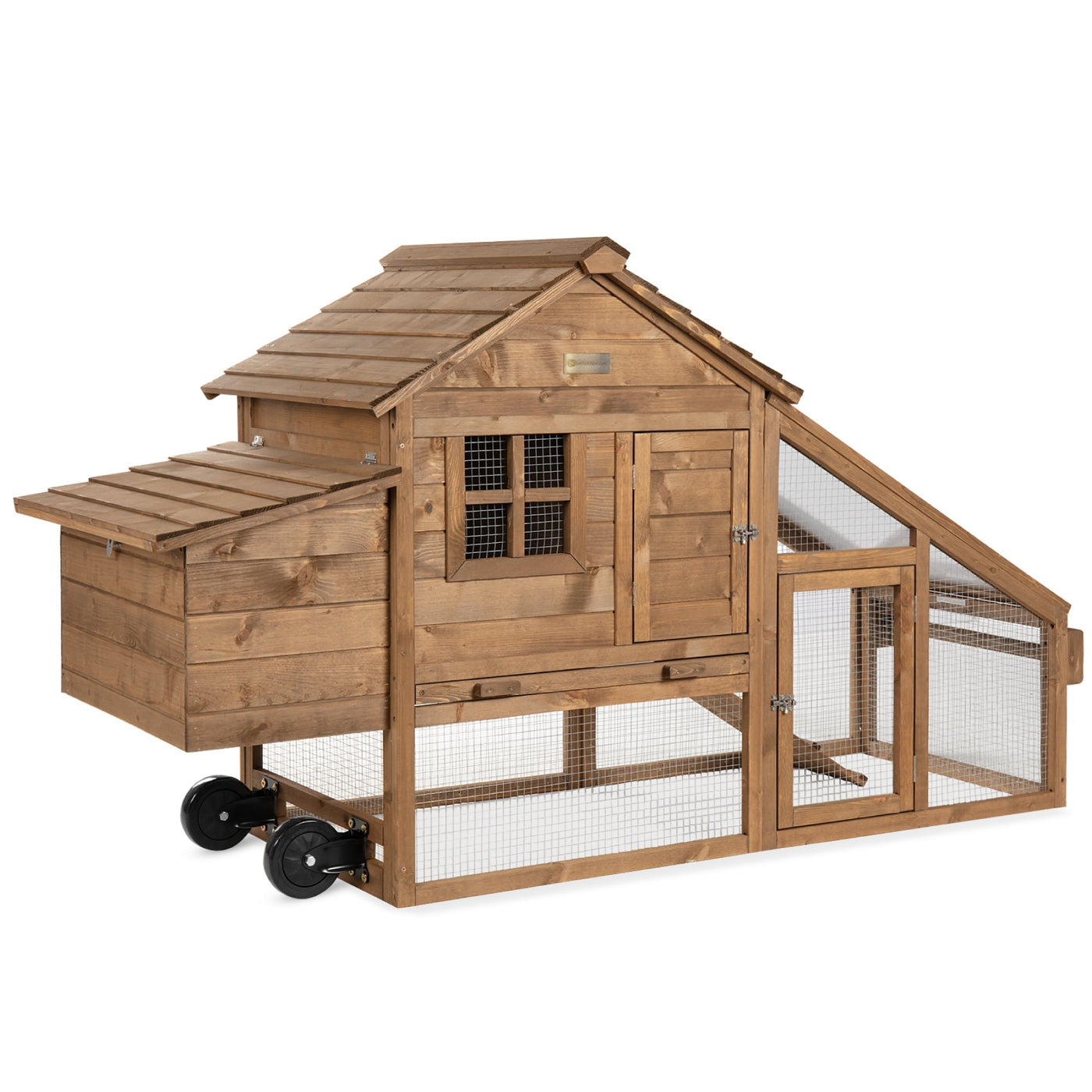 best choice prodts 70in mobile fir wood chicken coop actor hen house w/ whes, 2 doors, nest box, removable ay