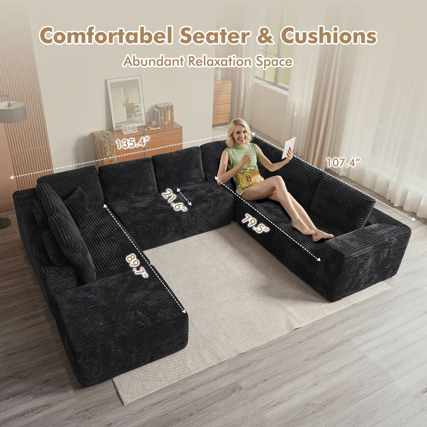 OVIOS Modular Cloud Sofa with Memory Foam, U-Shaped Chaise, Corduroy Upholstery - No Assembly Needed