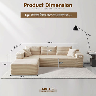 OVIOS 104" L-Shape Modular Couch with Chaise, Plush Corduroy Fabric, No Assembly Required